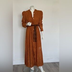 Tensione Italy, 100% cotton eyelet long dress button down, camel brown, size S.
